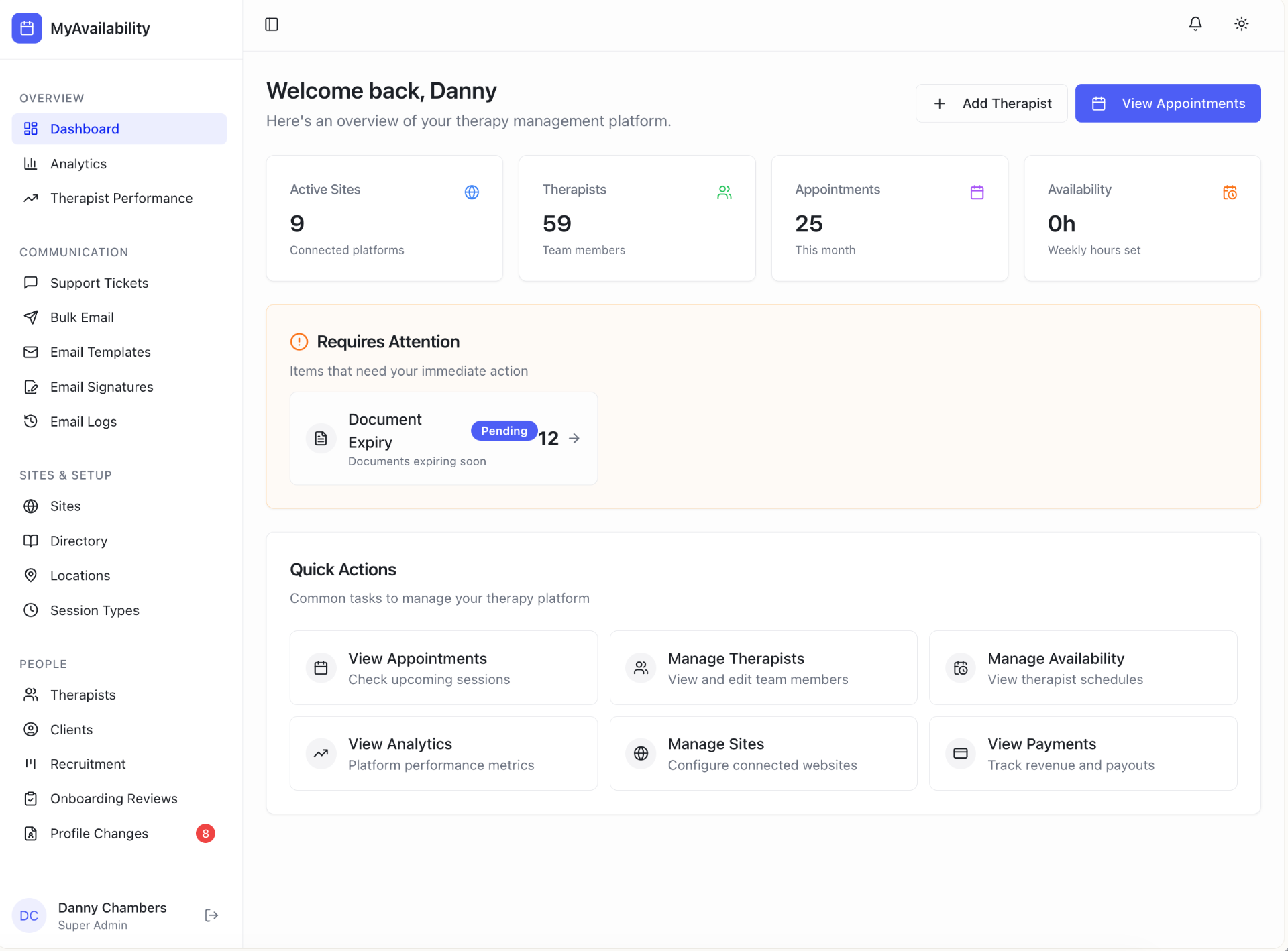 MyAvailability Dashboard - centralised therapy management